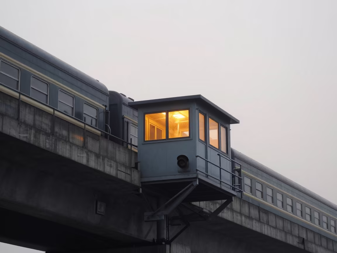 Glowing Signal Cabin Window Above Dawn Train in across a windy overpass interchange in North Korea