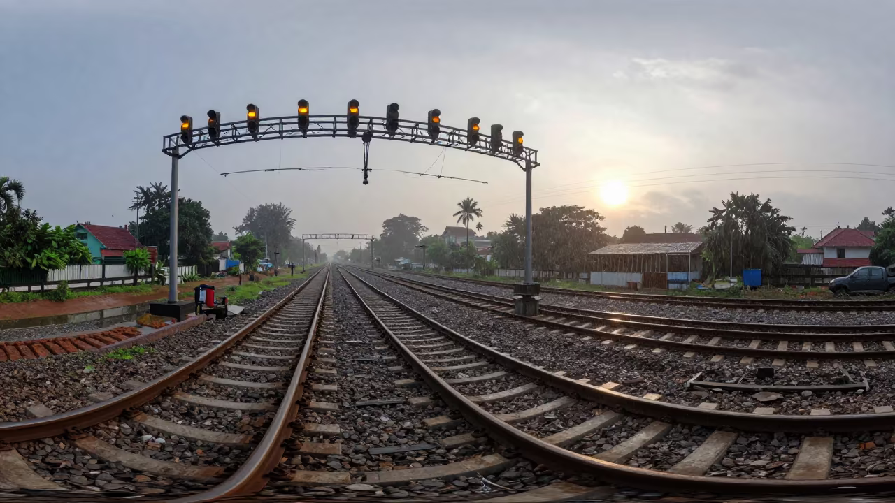 Glowing Signal Gantry Over Kerala Rails in Drizzle in across a windy overpass interchange in Kerala