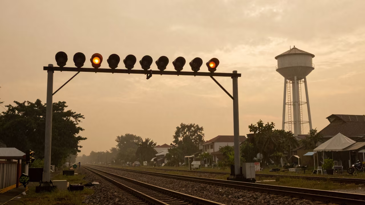 Glowing Signal Heads Over Rails in Drizzle in beside a water tower ladder in Kuantan