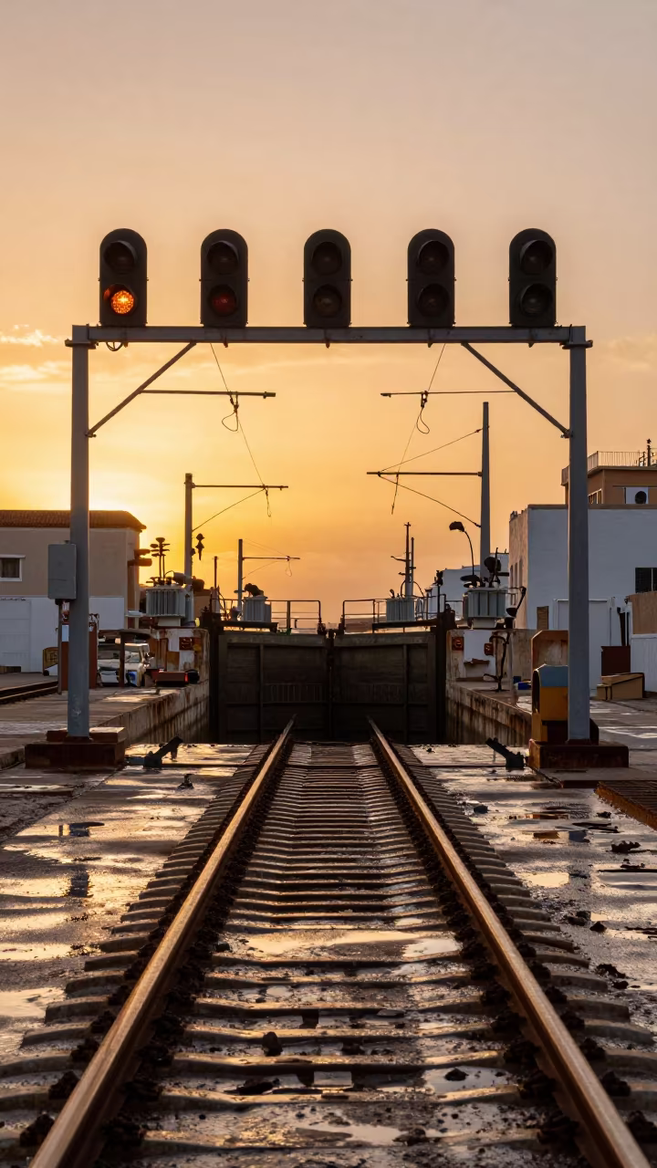 Glowing Signal Heads Over Rails at Sunset in at a canal lock chamber in El Jadida