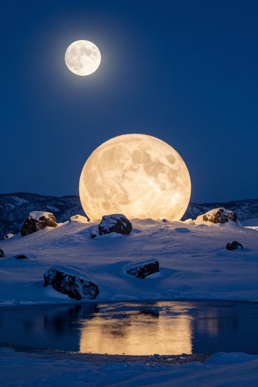 Glowing Snowball Under Sapporo Supermoon in beneath a dark-sky overlook near Sapporo