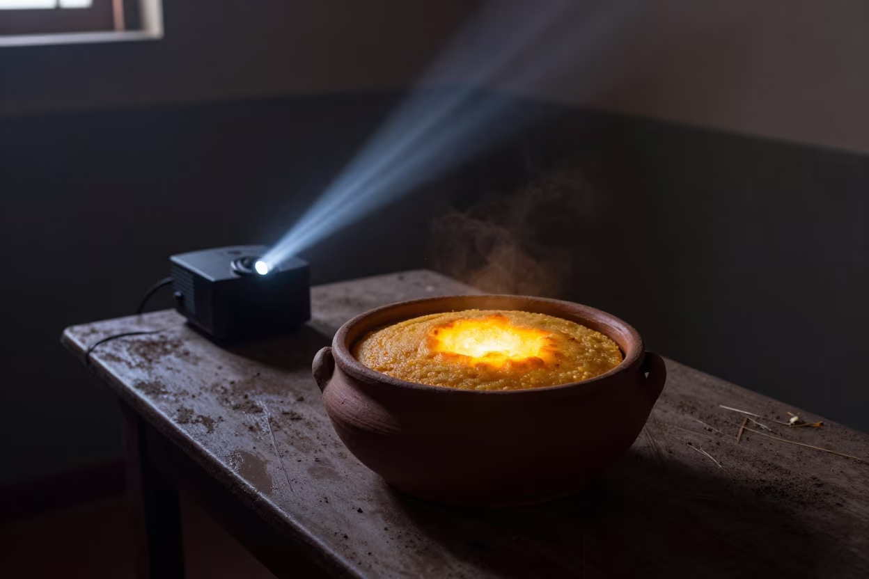 Glowing Sopa Paraguaya in Dusty Library Light in on a dusty library table near Tabou