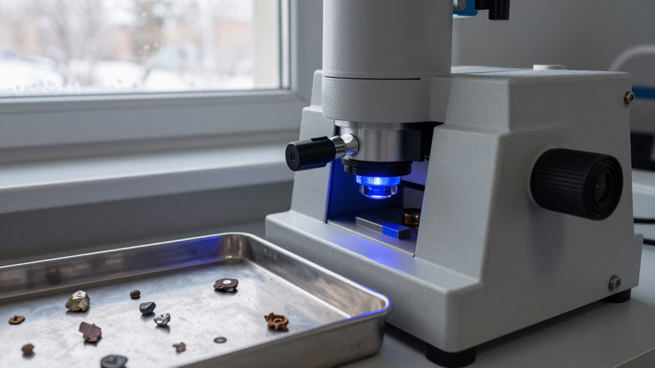 Glowing Spectrometer Amid Winter Mineral Samples in in a fossil prep lab in Almaty