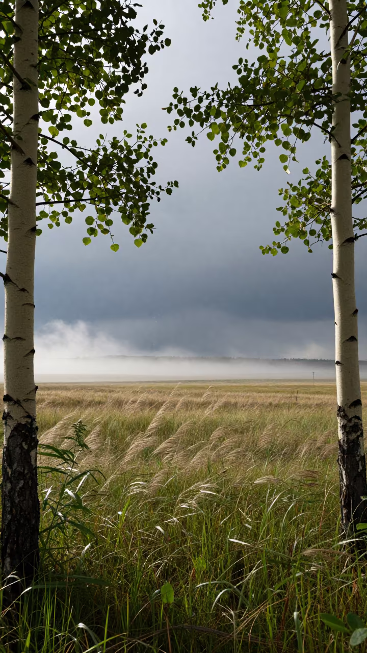 Glowing sprites over storm in Saskatchewan fog in through low marine fog in Saskatchewan