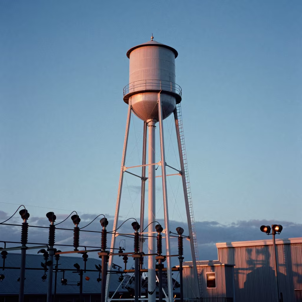 Glowing Substation Busbars in Alaskan Twilight in beside a water tower ladder near Anchorage