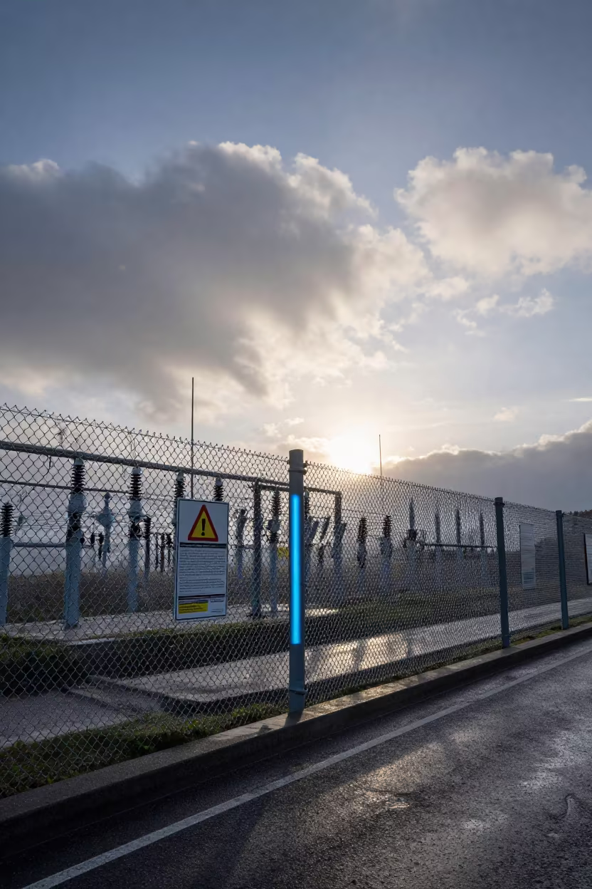Glowing Substation Fence Dawn Riviera in across a windy overpass interchange in the French Riviera