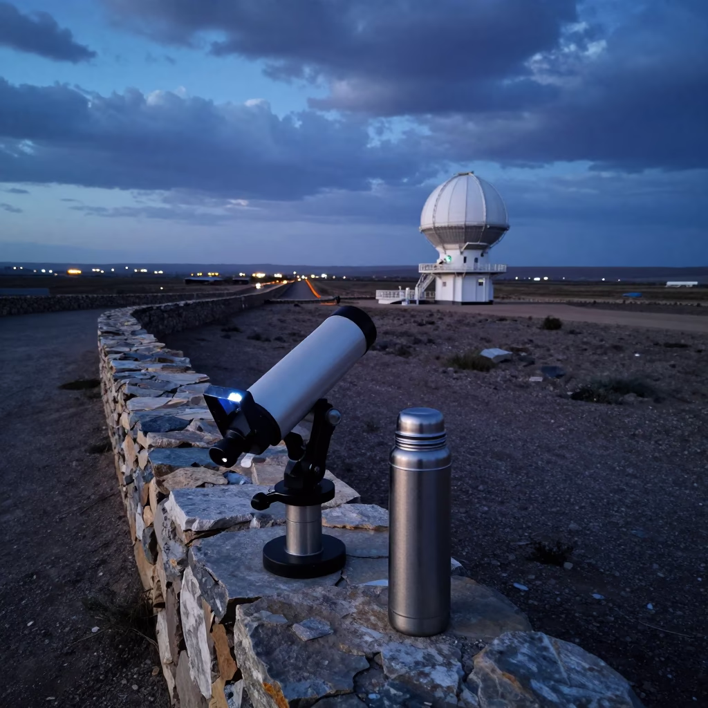 Glowing Telescope Controller on Turkmen Stone Outcrop in along a rocky geology outcrop in Turkmenistan