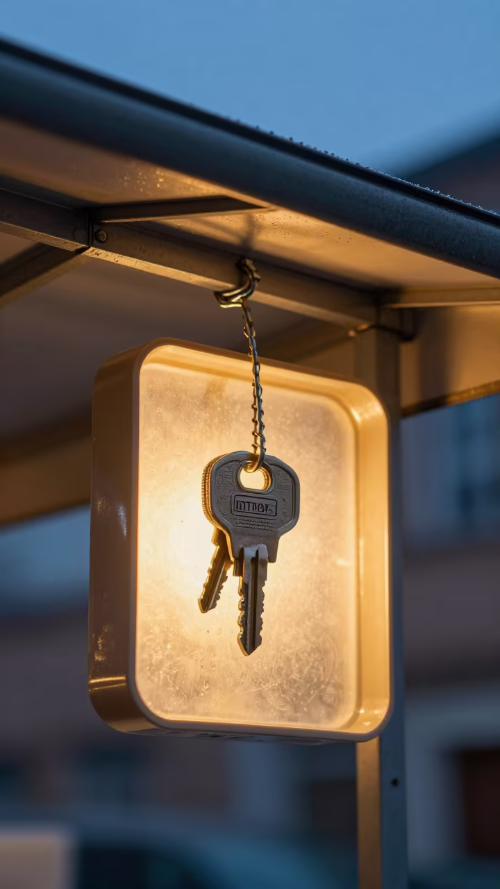 Glowing Tether Key Tray Under Shop Awning in beneath a shop awning at blue hour in Dusseldorf