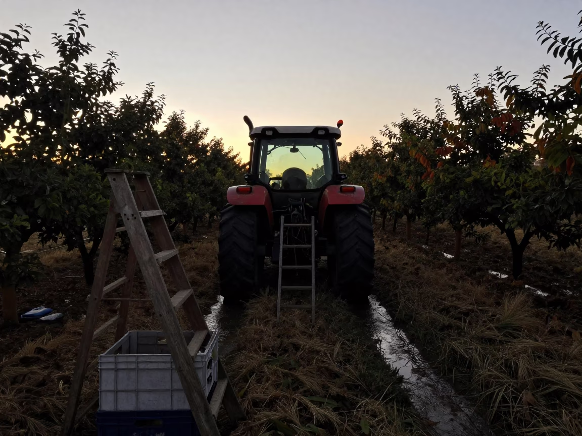 Glowing Tractor Cab at Dawn in Johannesburg Orchard in among orchard ladders and crates in Johannesburg