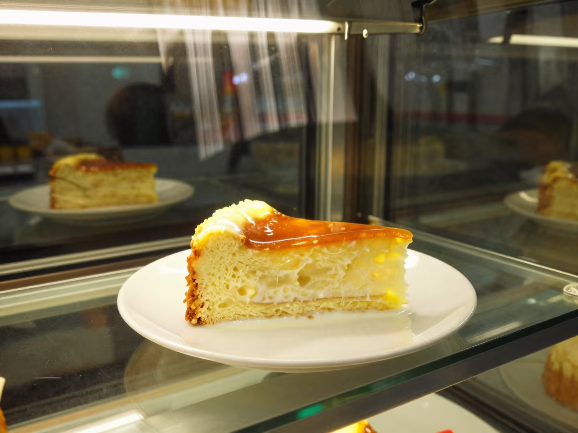 Glowing Tres Leches Cake Slice in in a bakery display case in Kazanchis, Addis Ababa