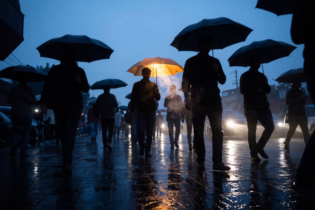 Glowing Umbrella Silhouette in Jalandhar Rain in on a rain-darkened city sidewalk near Jalandhar