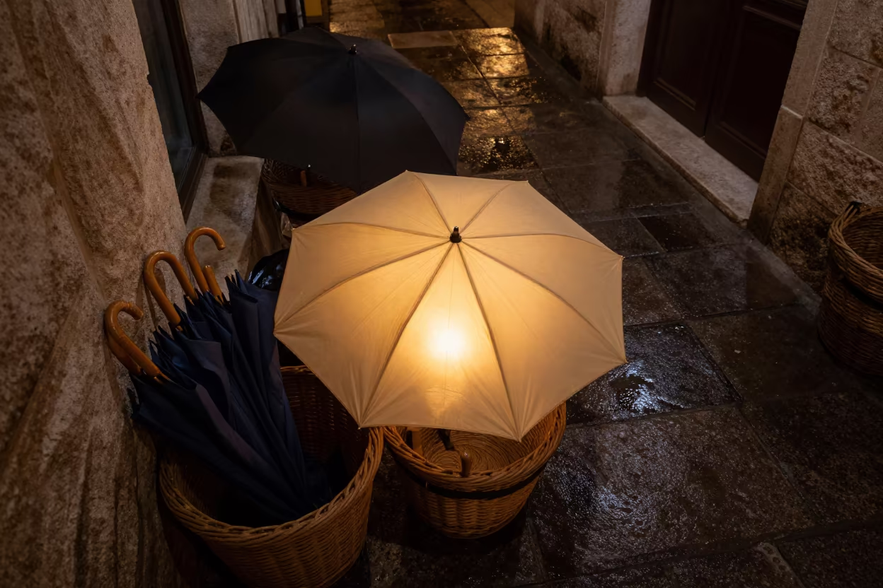 Glowing Umbrellas in St George Night Market in inside a skylit passageway in St George's