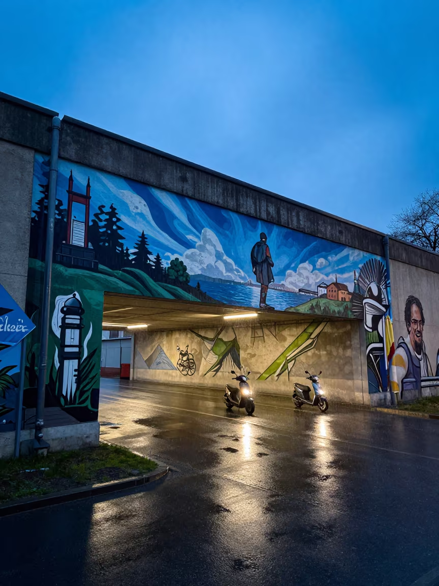 Glowing Underpass Mural Reflected in Scooter Headlights in outside a metro entrance in Koszalin