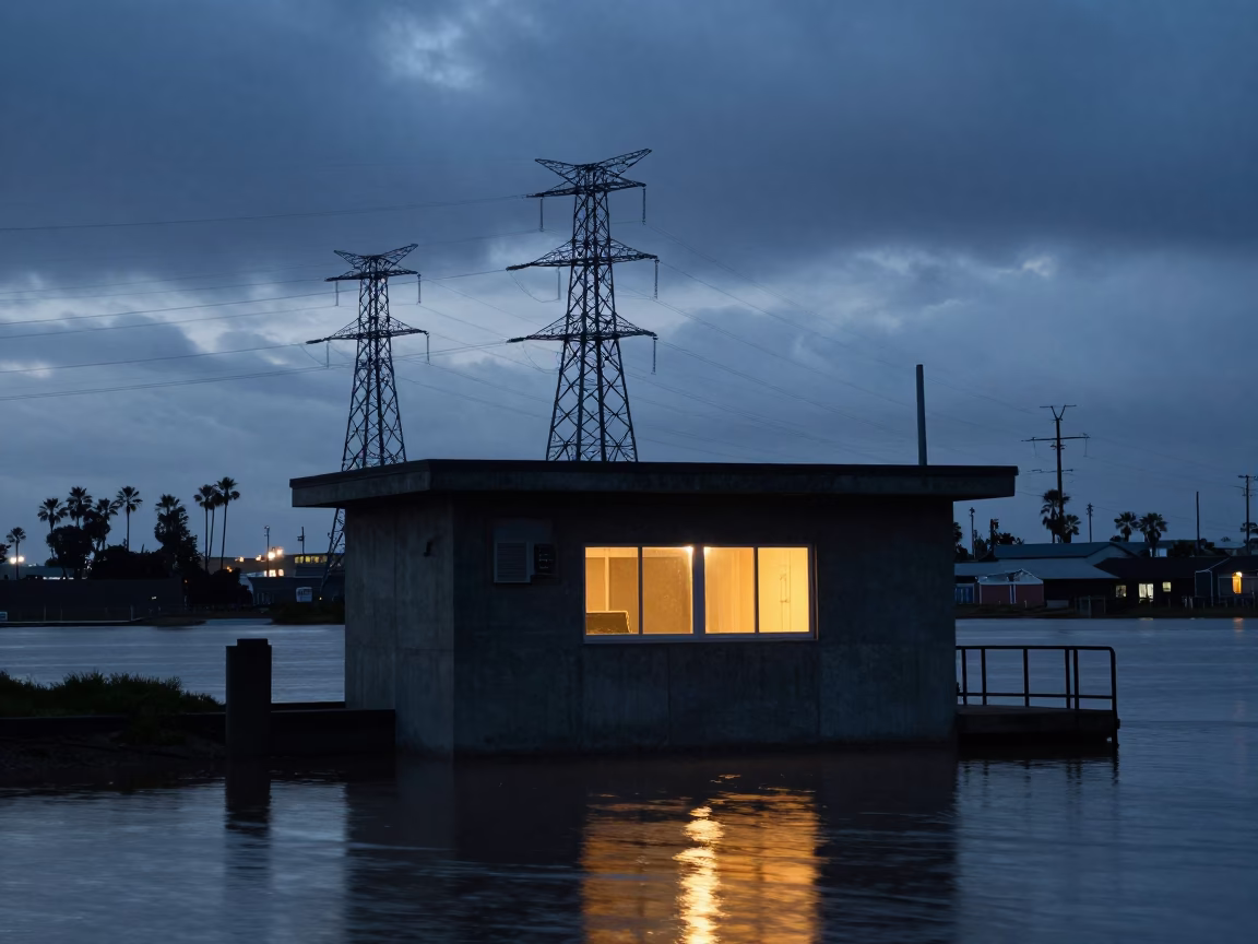 Glowing Window on Levee Pump House Over Floodwater in beneath transmission towers in Santa Monica, Los Angeles