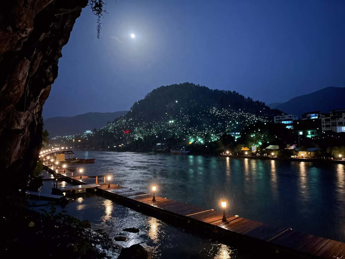 Glowworm Cave Harbor Moonlight Monsoon Haze in beside a lantern-dotted harbor near Guiyang