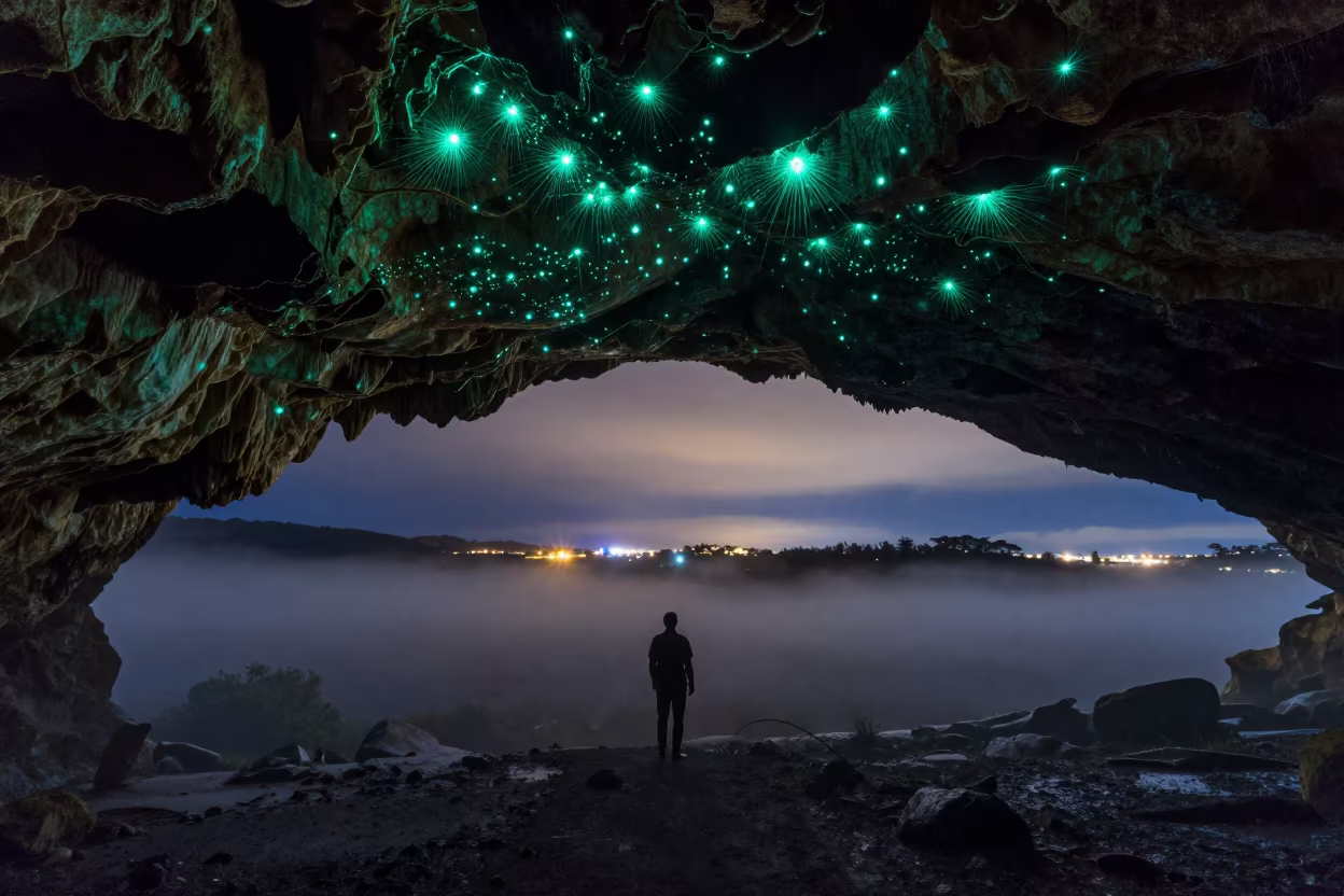 Glowworms in New Zealand Cave Night Fog in beneath a moon-washed horizon in New Zealand
