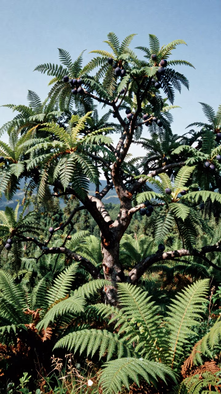 Gnarled Fig Tree Bearing Fruit in Latvian Forest in on a fern-lined forest floor in Latvia