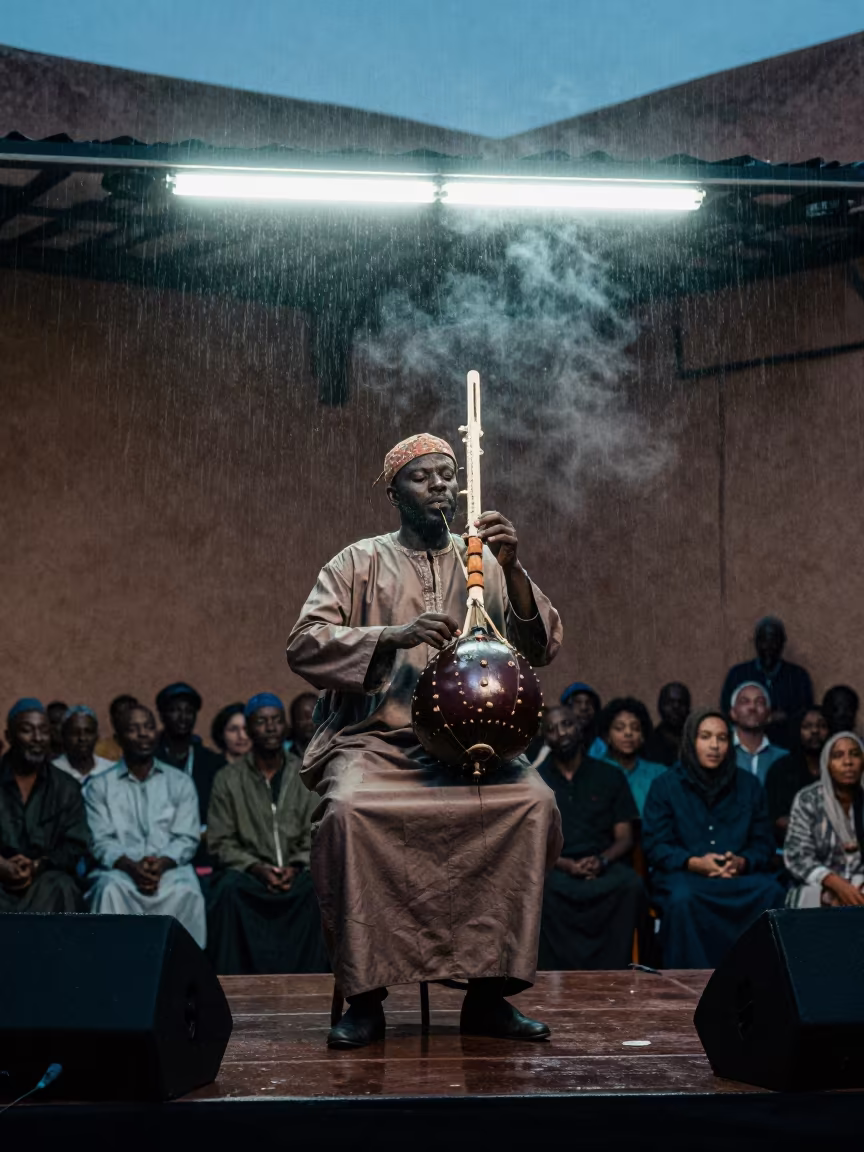 Gnawa Musician Guembri Dawn Festival Marrakech in on a festival main stage in Mellah, Marrakech