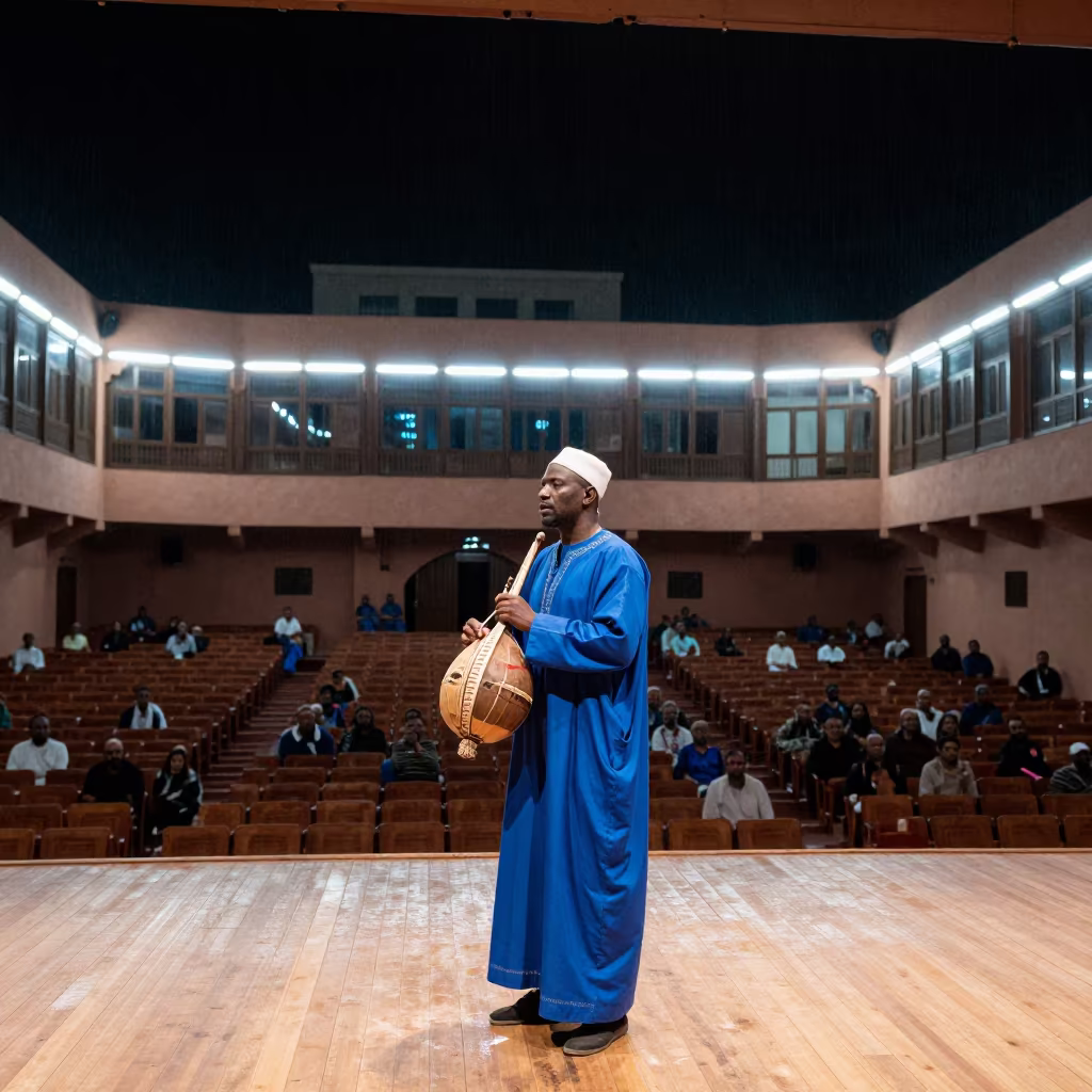 Gnawa Musician Plays Guembri in Marrakech Hall in in a concert hall in Marrakech