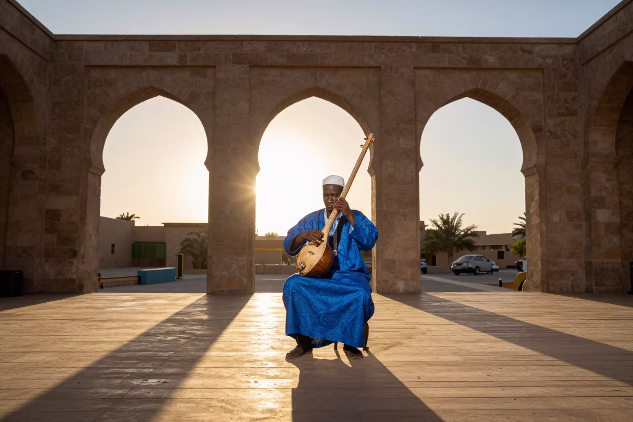 Gnawa Musician Playing Guembri on Theater Stage in on a theater stage in Bab Bou Jeloud, Fez