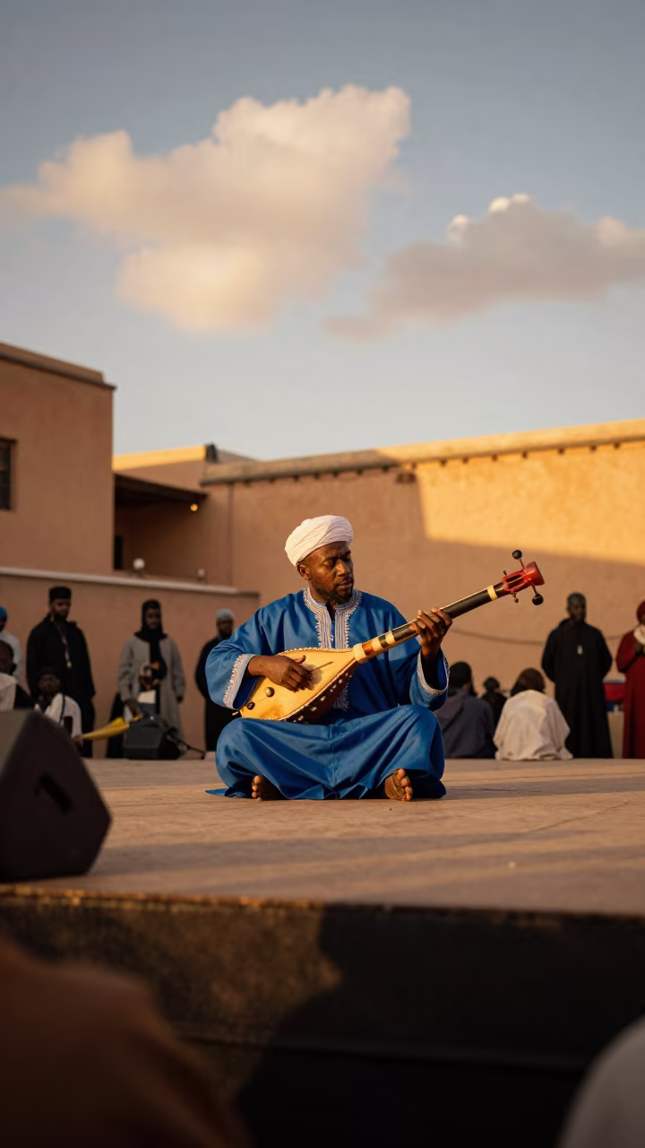 Gnawa Musician Playing Sintir in Fez in on a theater stage in Bab Bou Jeloud, Fez
