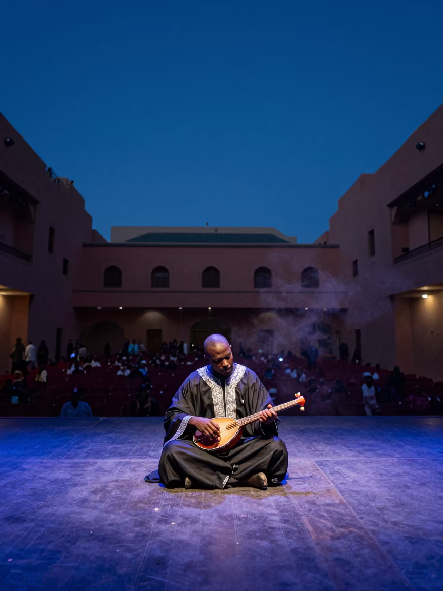 Gnawa Musician Playing Sintir in Indigo Light in on a theater stage in Marrakech