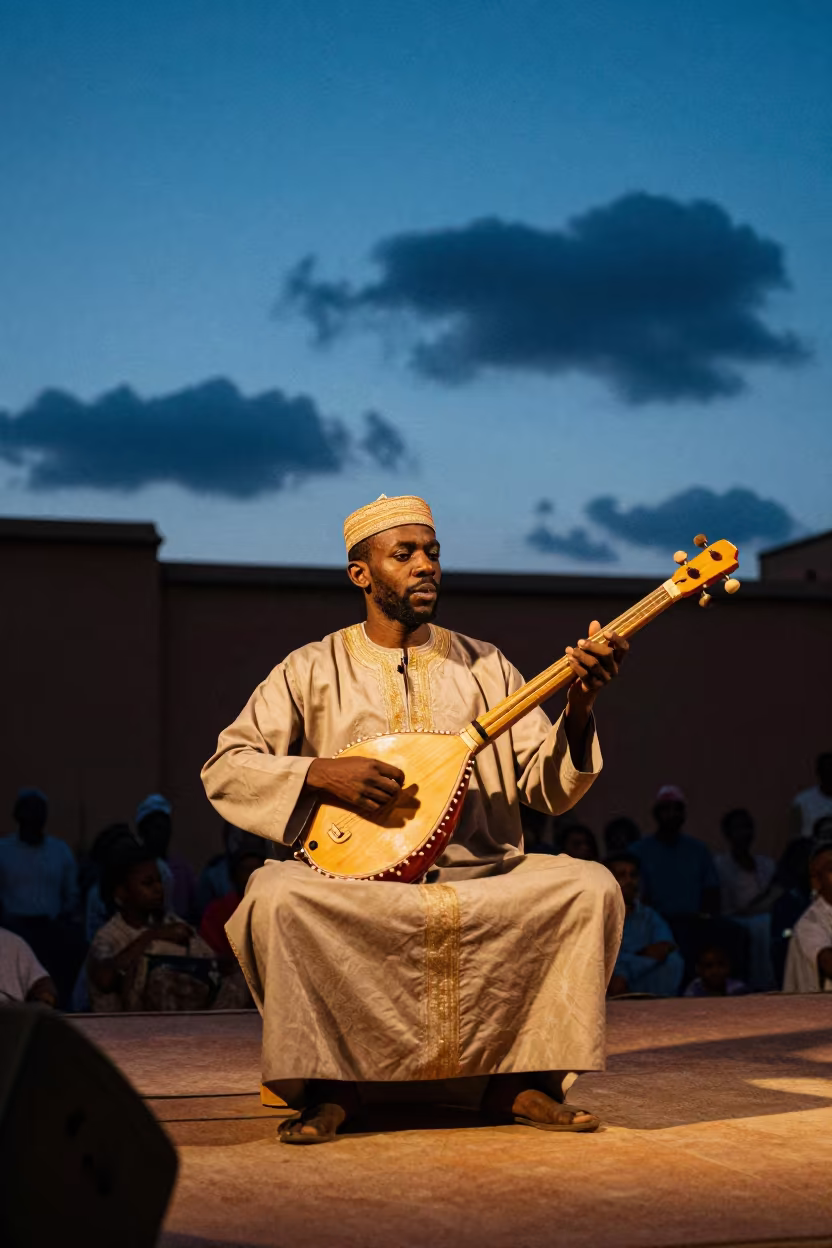 Gnawa Musician Playing Sintir on Marrakech Stage in on a dimly lit stage in Marrakech
