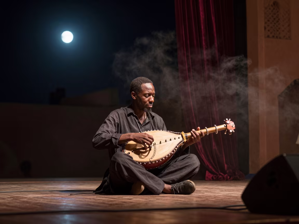 Gnawa Musician Playing Sintir on Midnight Stage in on a theater stage in Marrakech