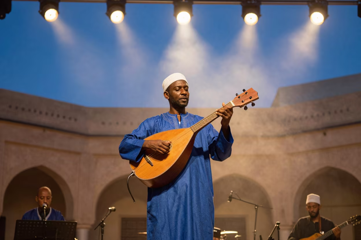 Gnawa Musician Plays Sintir in Fez Concert Hall in in a concert hall in Tanneries, Fez