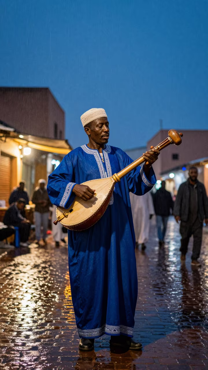 Gnawa Musician Plays Sintir at Marrakech Street Corner in at a street corner busking spot in Marrakech