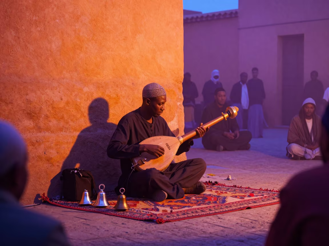 Gnawa Musician Trance Sintir Fez Dawn in at a street corner busking spot in Ville Nouvelle, Fez