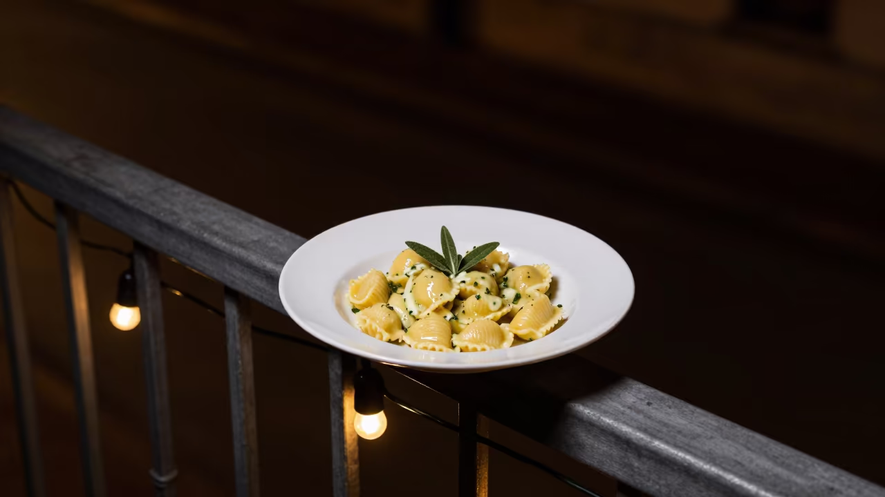Gnocchi Sage Butter on Pier Railing Night in on a pier railing near Sheffield