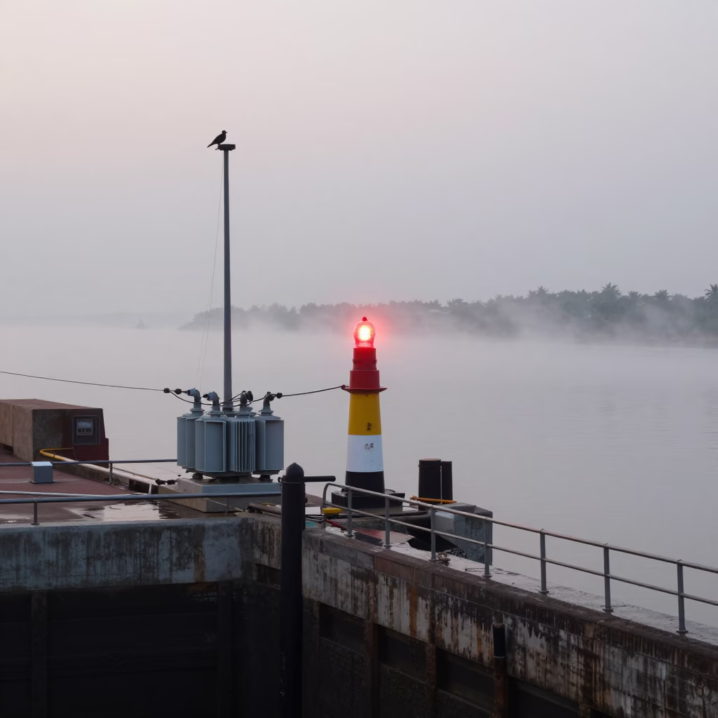 Goa Canal Lock Beacon in Morning Mist in at a canal lock chamber in Goa