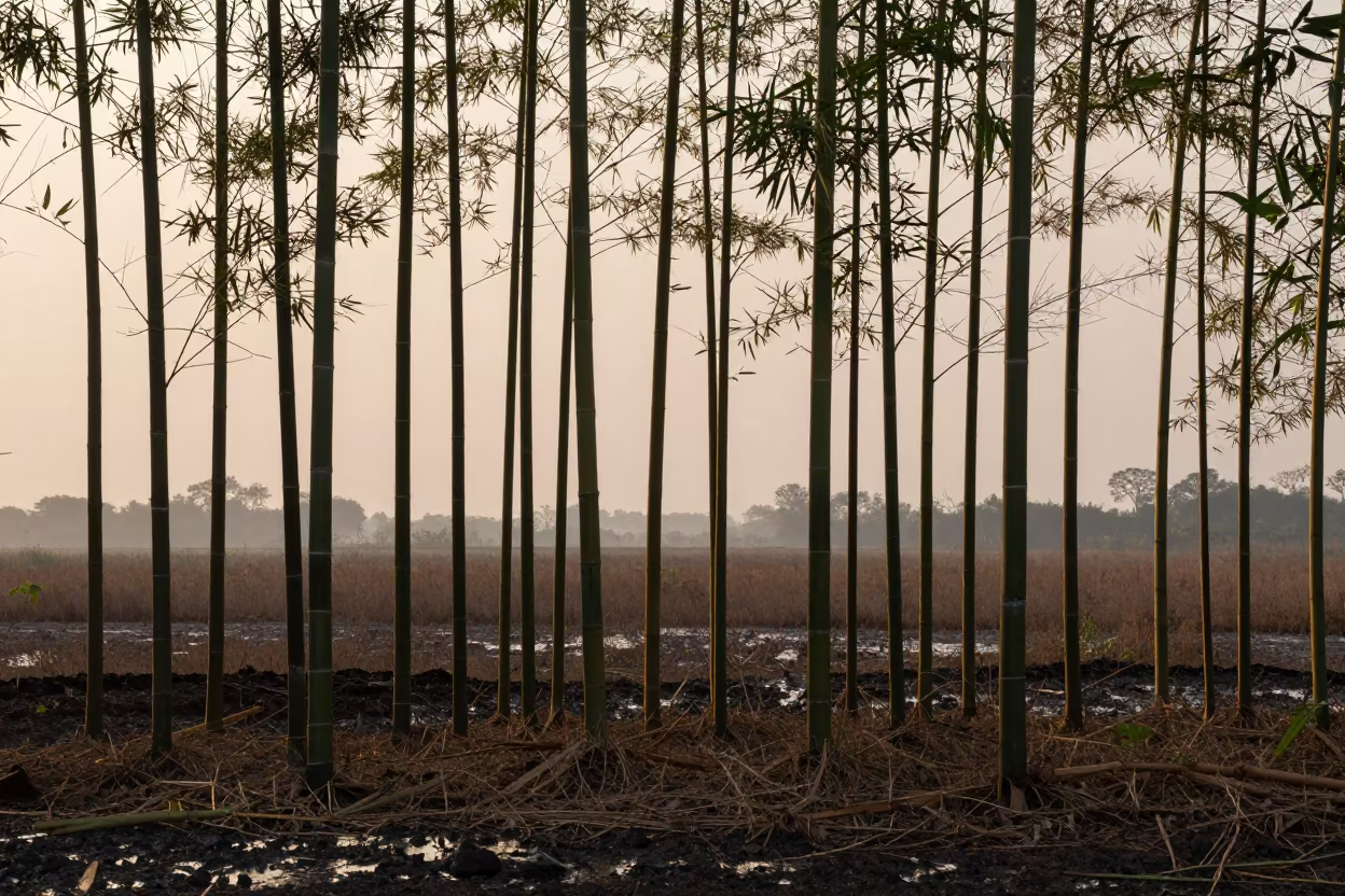 Goa Floodplain Bamboo Grove Sunset Light in across a floodplain after rain in Goa