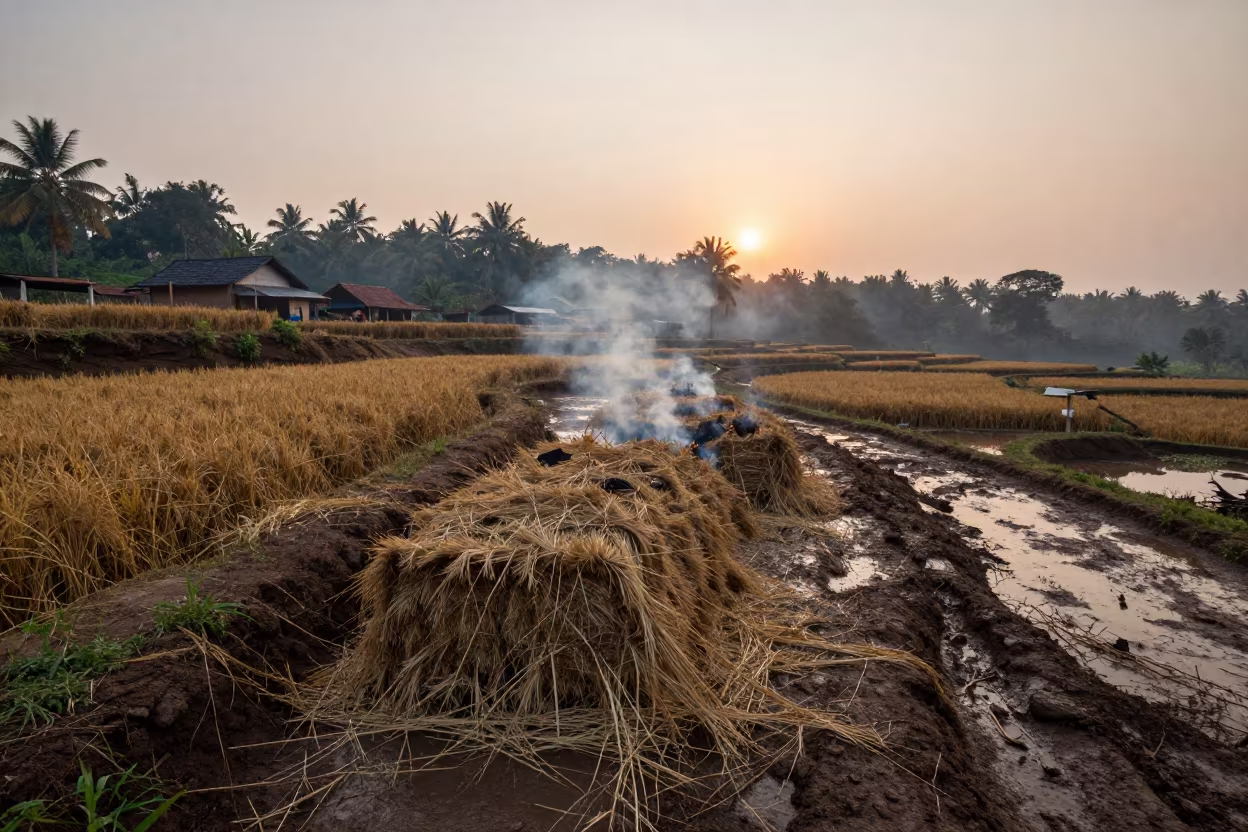 Goa Rice Terrace Village Smoke Morning in beside stacked hay bales in Goa