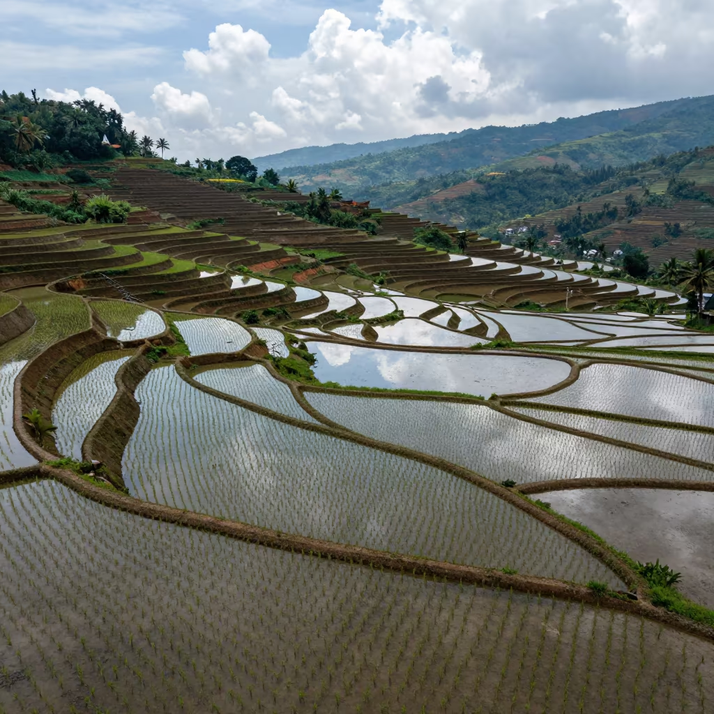 Goa Rice Terraces Reflecting Monsoon Clouds in among terraced rice paddies in Goa