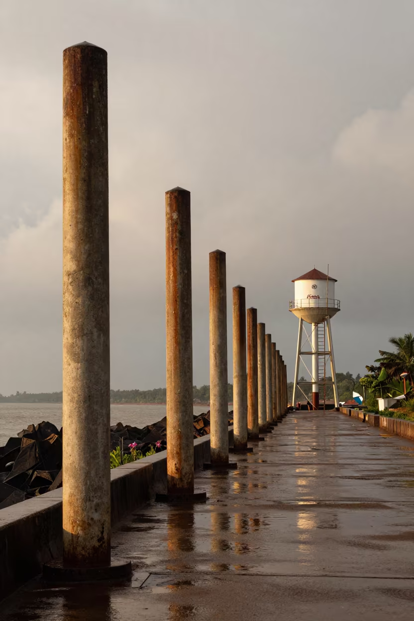 Goa Storm Markers Under Golden Rain Light in beside a water tower ladder in Goa