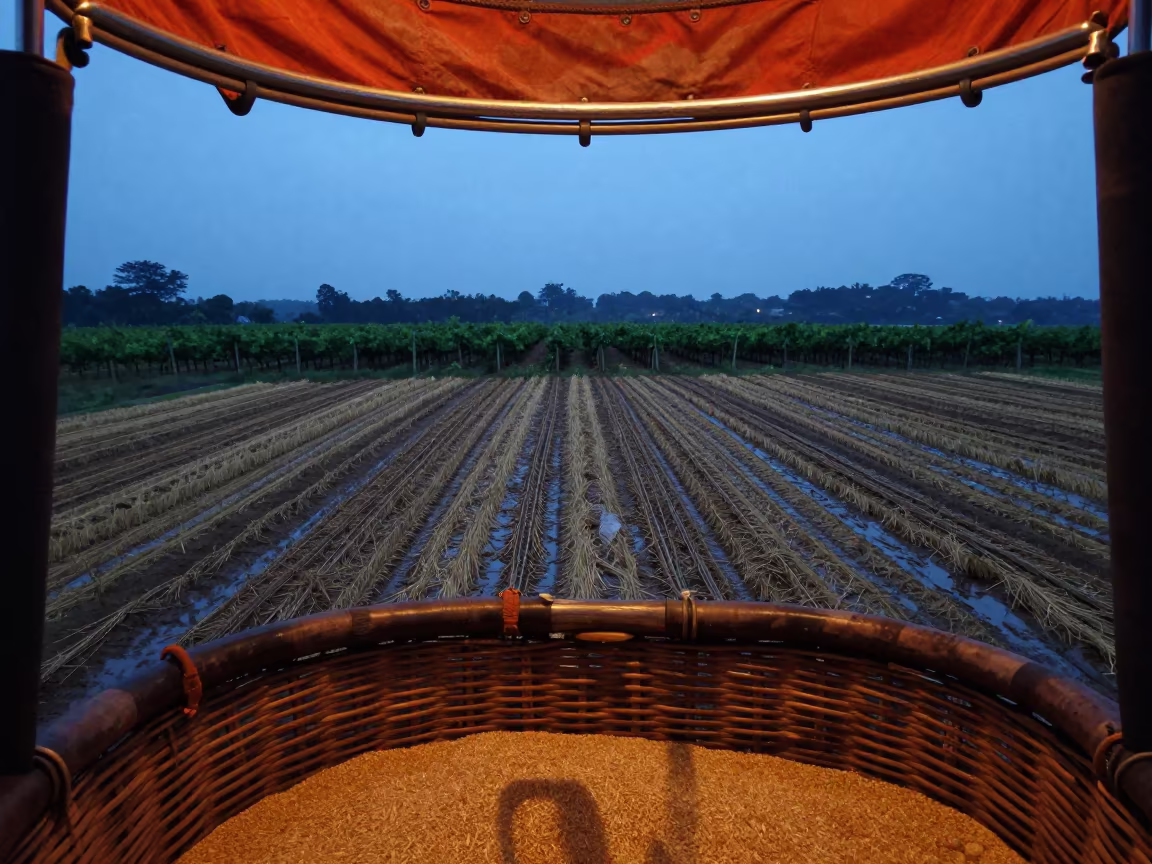 Goa Vineyard Basket View Twilight in across a harvested grain field in Goa