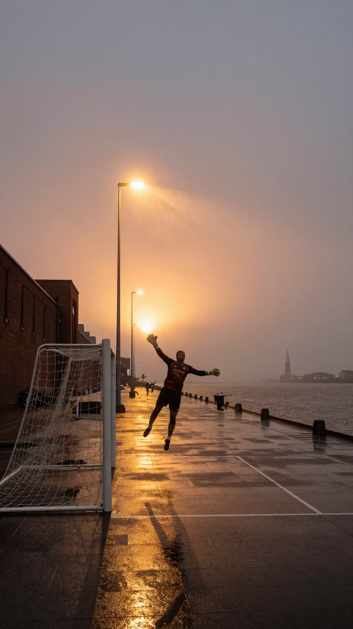 Goalkeeper Airborne Golden Hour Harbor Cologne in at a harbor quay near Cologne