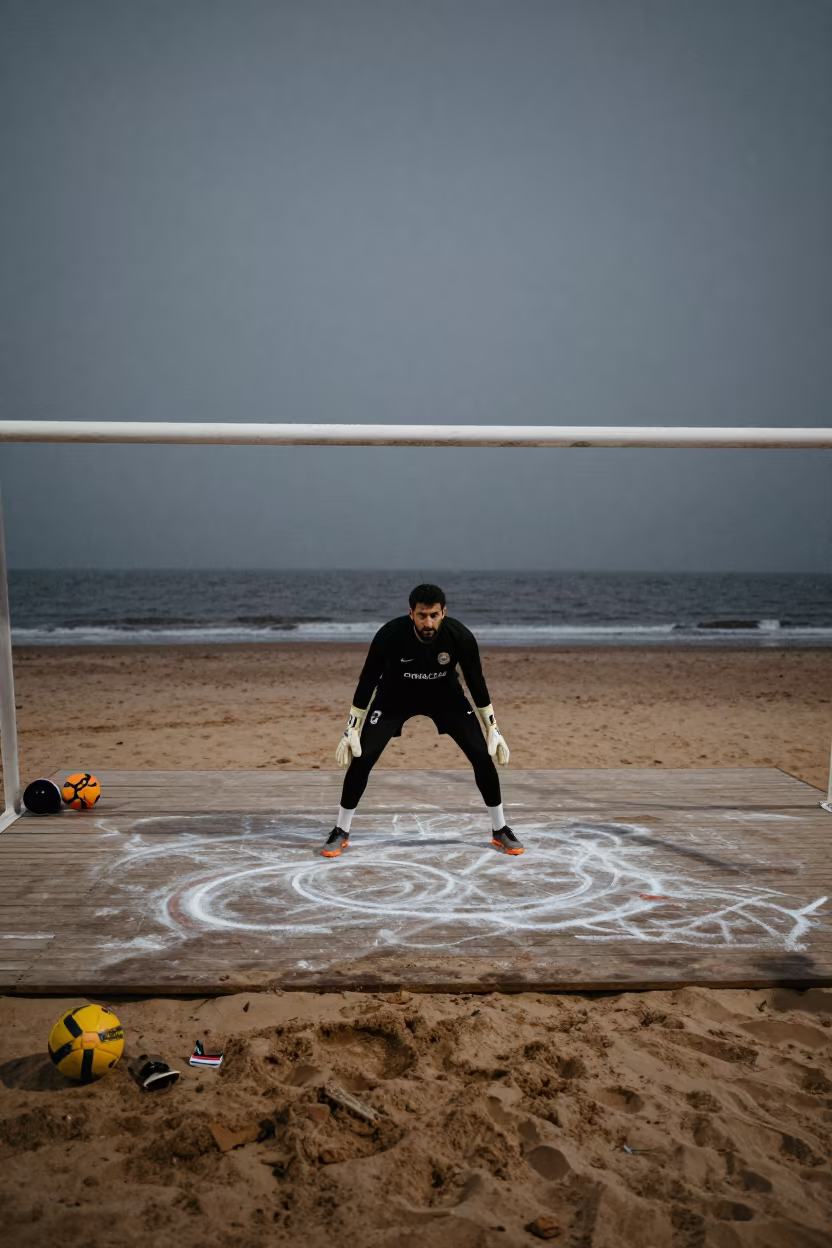 Goalkeeper on Beach Platform Winter Night in along a beach near Varna