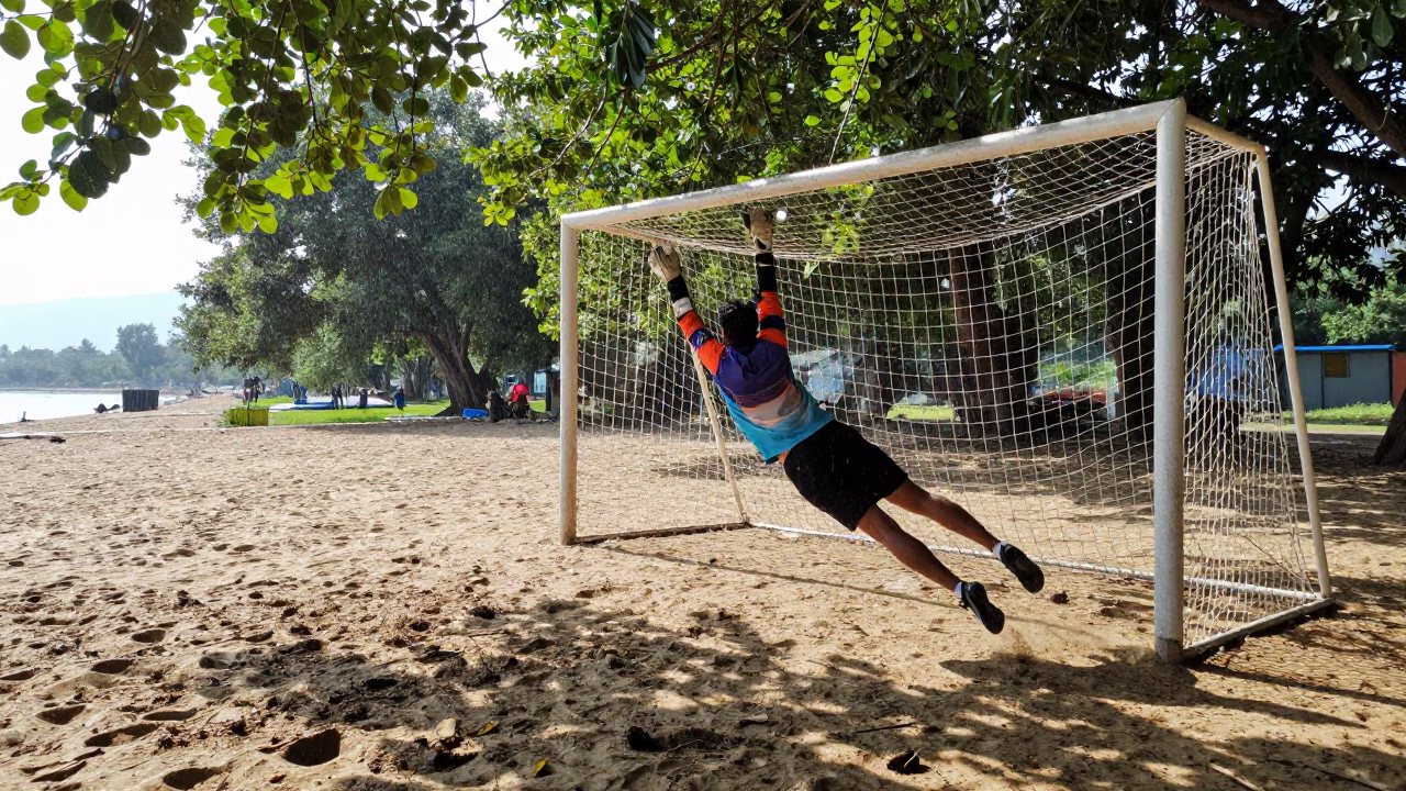Goalkeeper Dives Under Beach Net in Srinagar in along a beach near Srinagar