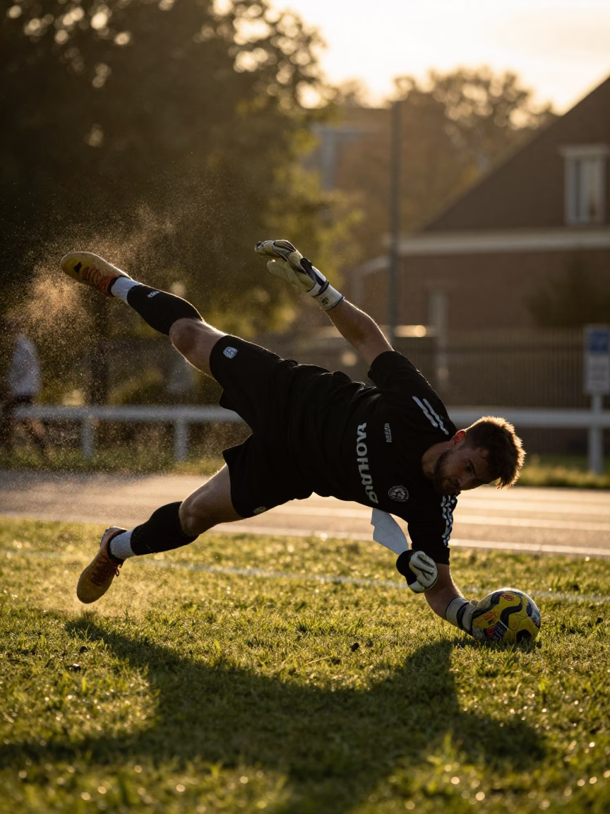 Goalkeeper Diving Save Golden Hour Dust in at a roadside stop near Utrecht