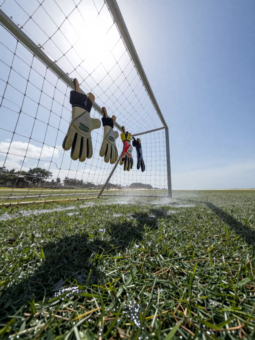 Goalkeeper Gloves Drying on Beach Goalpost Midday in along a beach near Kitale