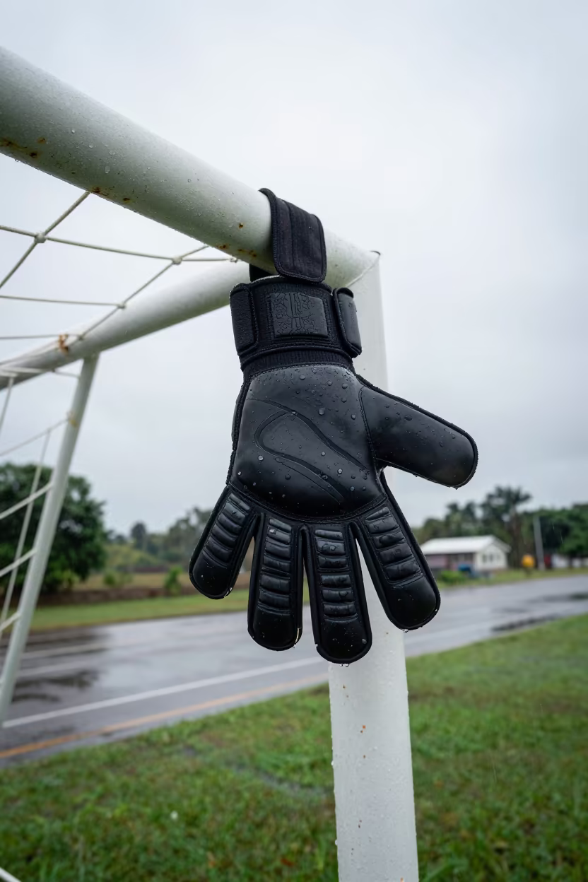 Goalkeeper Gloves Drying on Goalpost in Gabon in at a roadside stop near Libreville