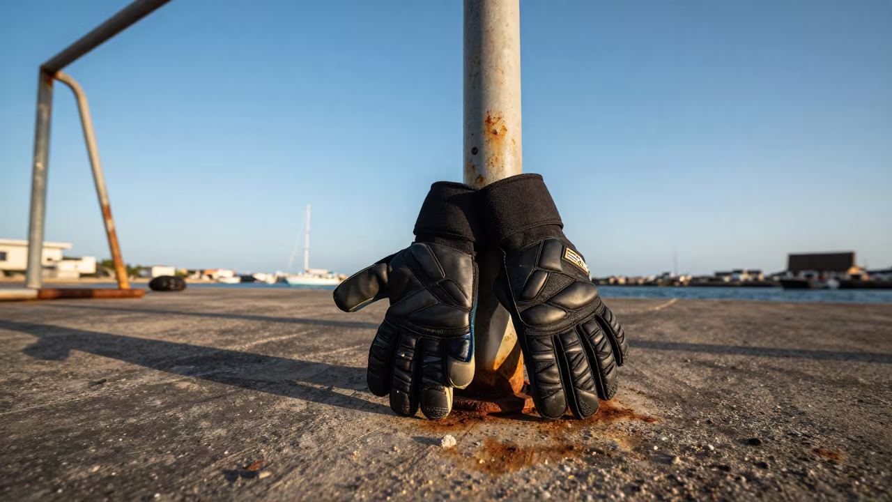 Goalkeeper Gloves Drying on Harbor Goalpost at Dawn in at a harbor quay near Lome