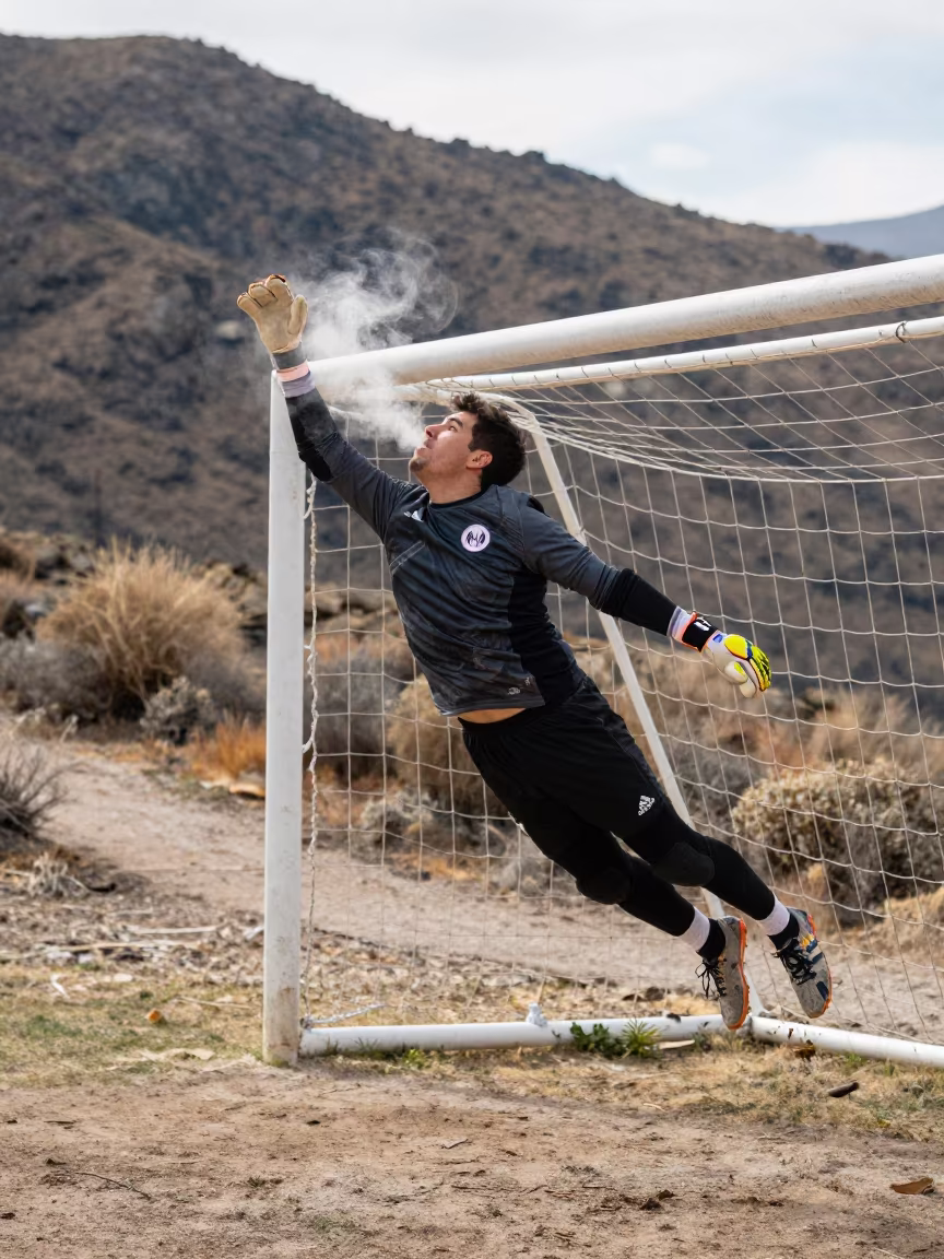 Goalkeeper Jumping in Cold Air Under Noon Light in on a mountain path near Zapopan