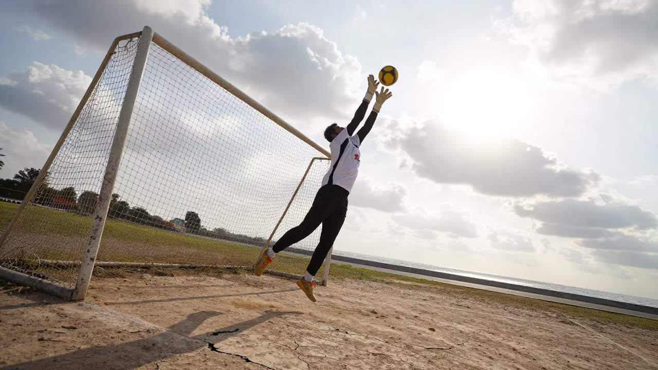 Goalkeeper Leaping at Karachi Roadside Net in at a roadside stop near Karachi