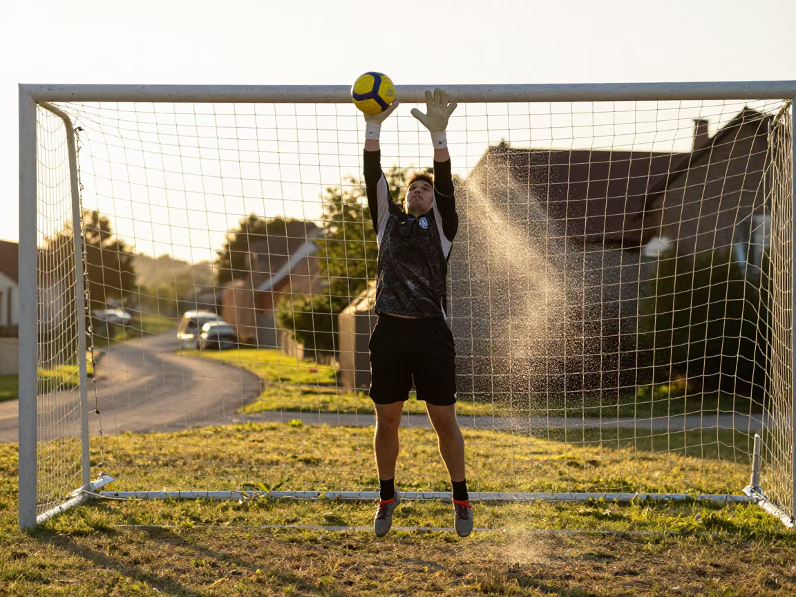 Goalkeeper Leaps Under Golden Evening Floodlights in in a village lane near Anchorage