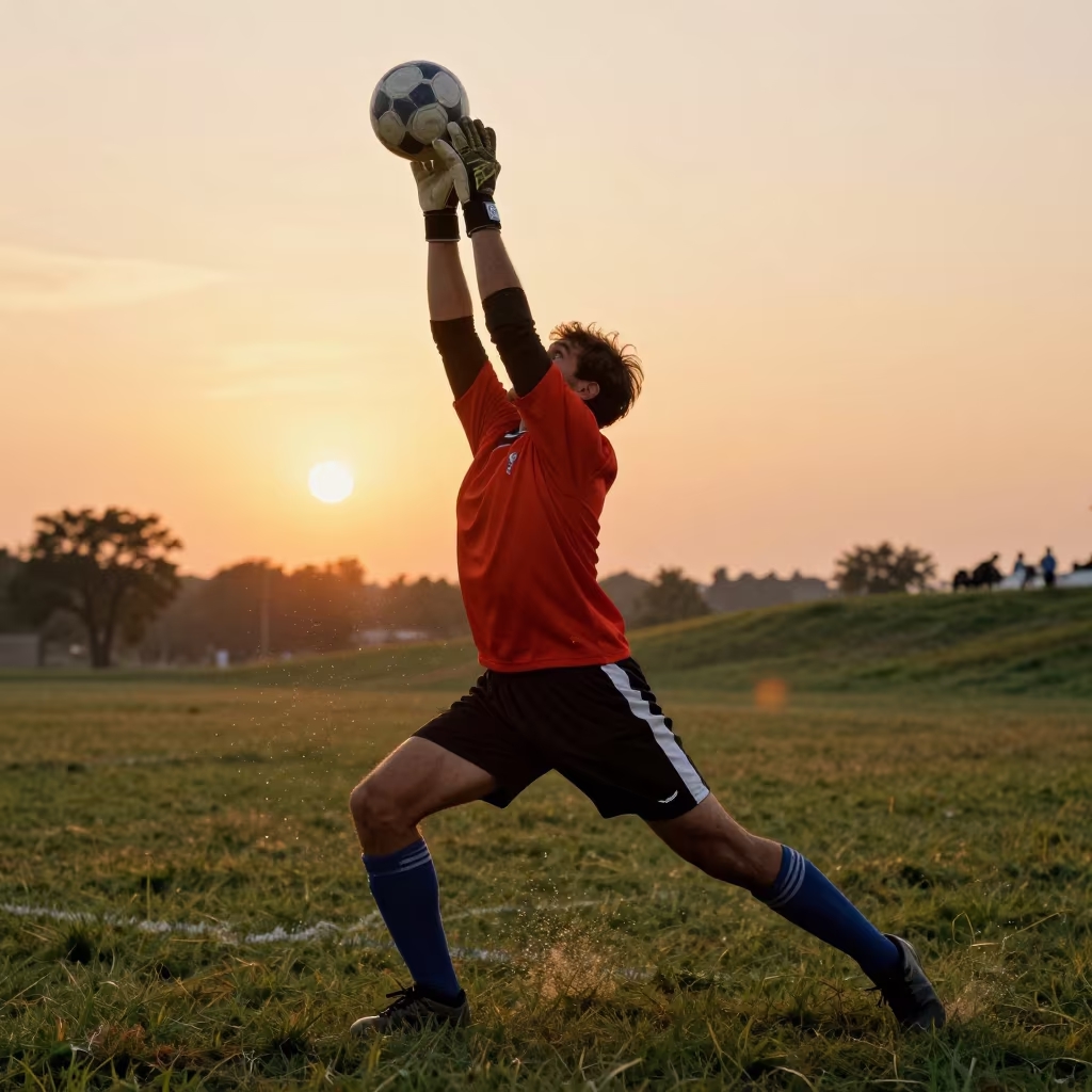 Goalkeeper Stretching in Golden Hillside Light in on a hillside near Jhelum