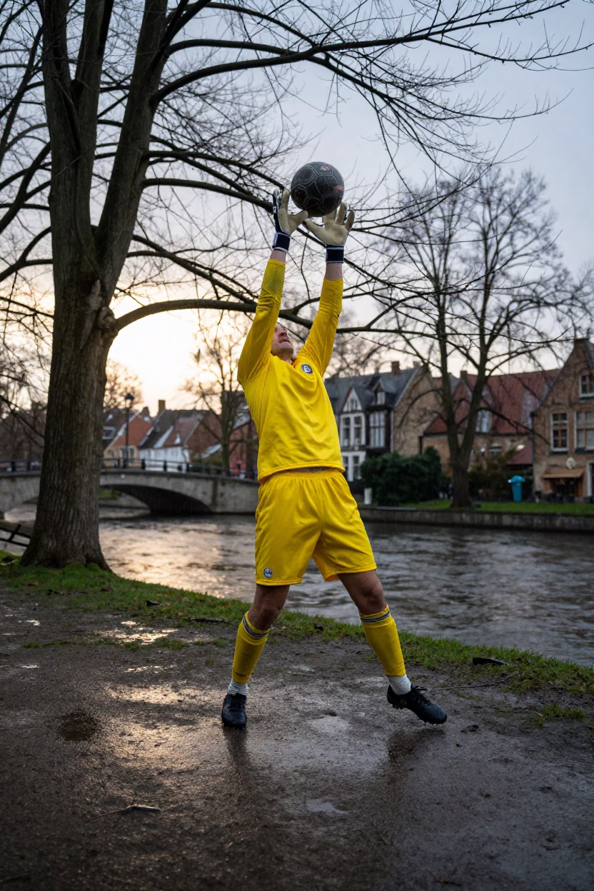 Goalkeeper Tip Shot Wide in Rain in by a riverbank near Bruges